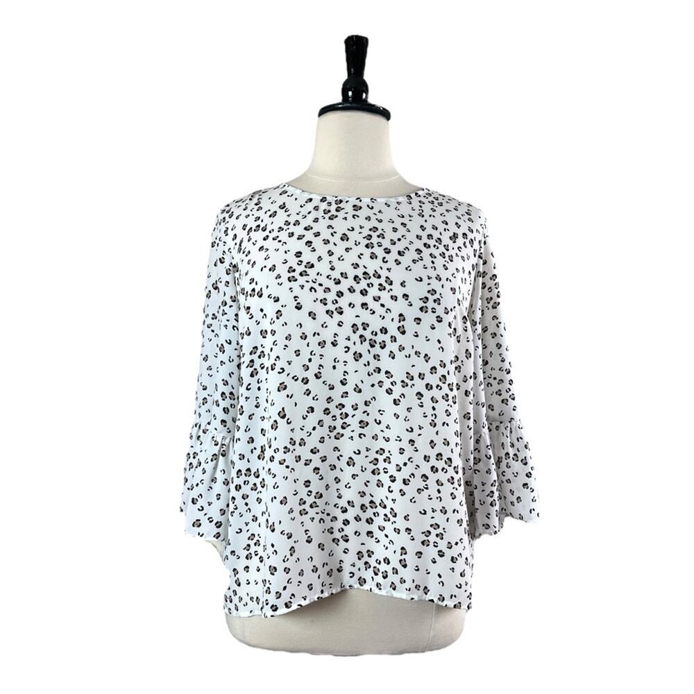 Elle Blouse Top Ruffle Bell Sleeve Pullover White Black Leopard Women’s Size XL